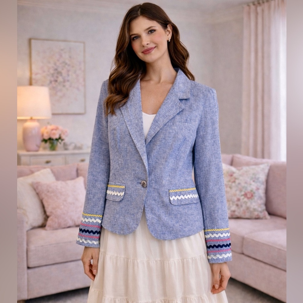 For Cynthia Women’s Linen Blend Lined Blazer Blue One Button Jacket Size Medium